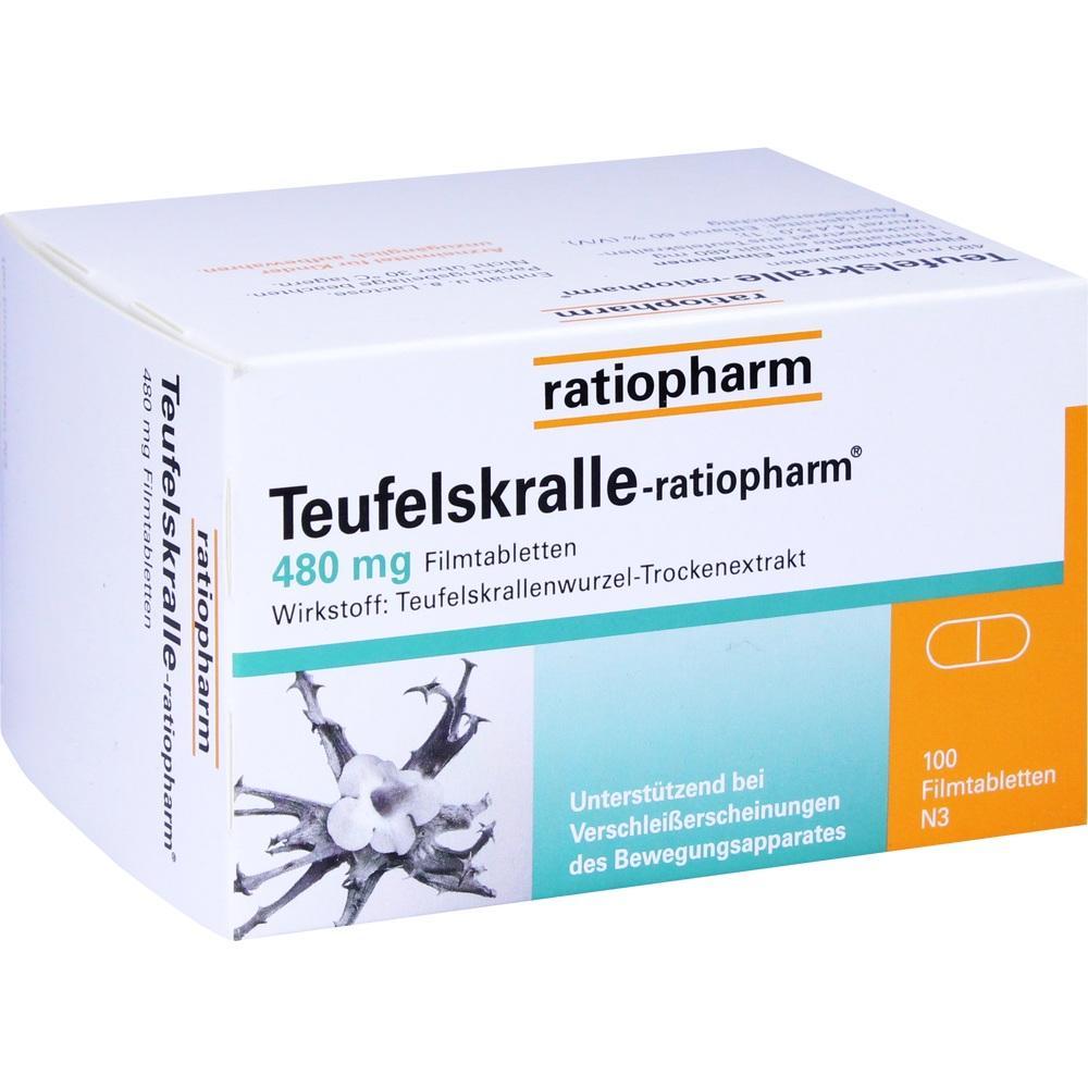 Weiße Medikamentenschachtel von Ratiopharm mit Teufelskralle-Tabletten, 480 mg.