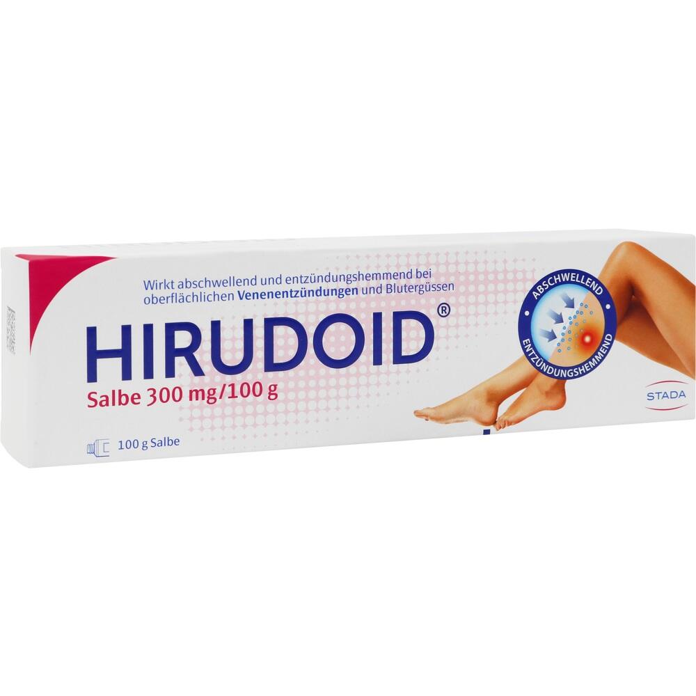 Eine weiße Verpackung mit der Aufschrift "Hirudoid Salbe".