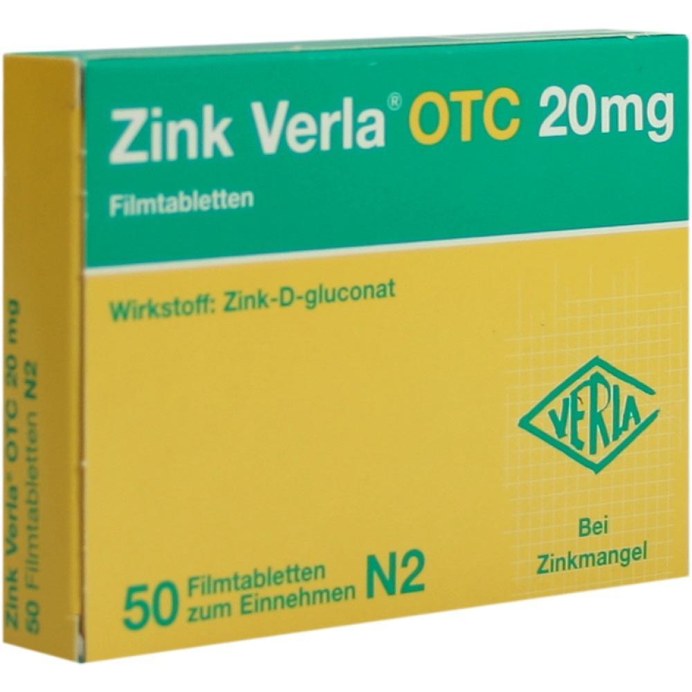 Gelbe und gr&uuml;ne Verpackung einer Zinktabletten-Packung mit 20 mg Dosis.