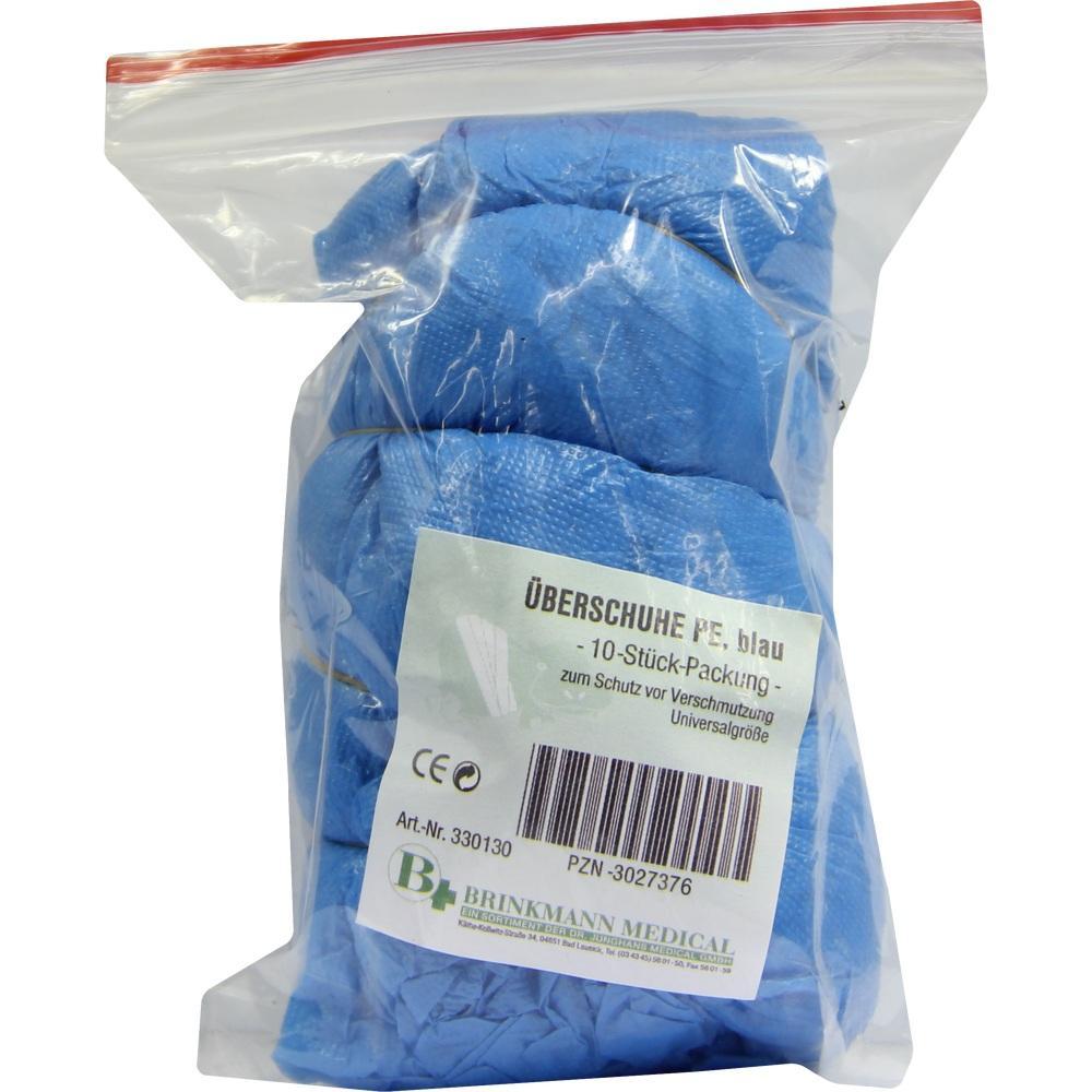 Eine Packung mit blauen Überschuhen in einem durchsichtigen Beutel.