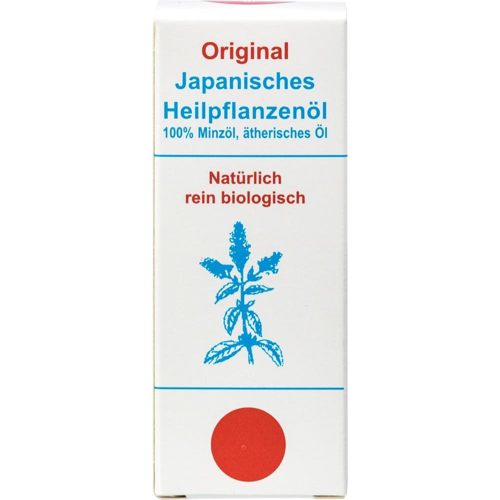 Schachtel mit der Aufschrift "Japanisches Heilpflanzenöl, 100% Minzöl, natürlich biologisch".