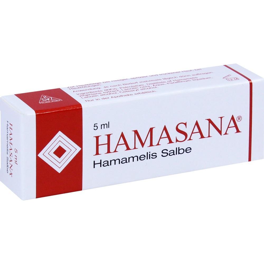 Eine weiße Schachtel mit rotem Text von Hamamelis Salbe namens "HAMASANA".