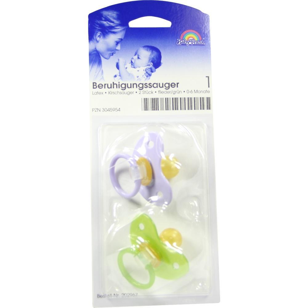 Zwei Beruhigungssauger in Lila und Grün sind in einer Plastikverpackung.