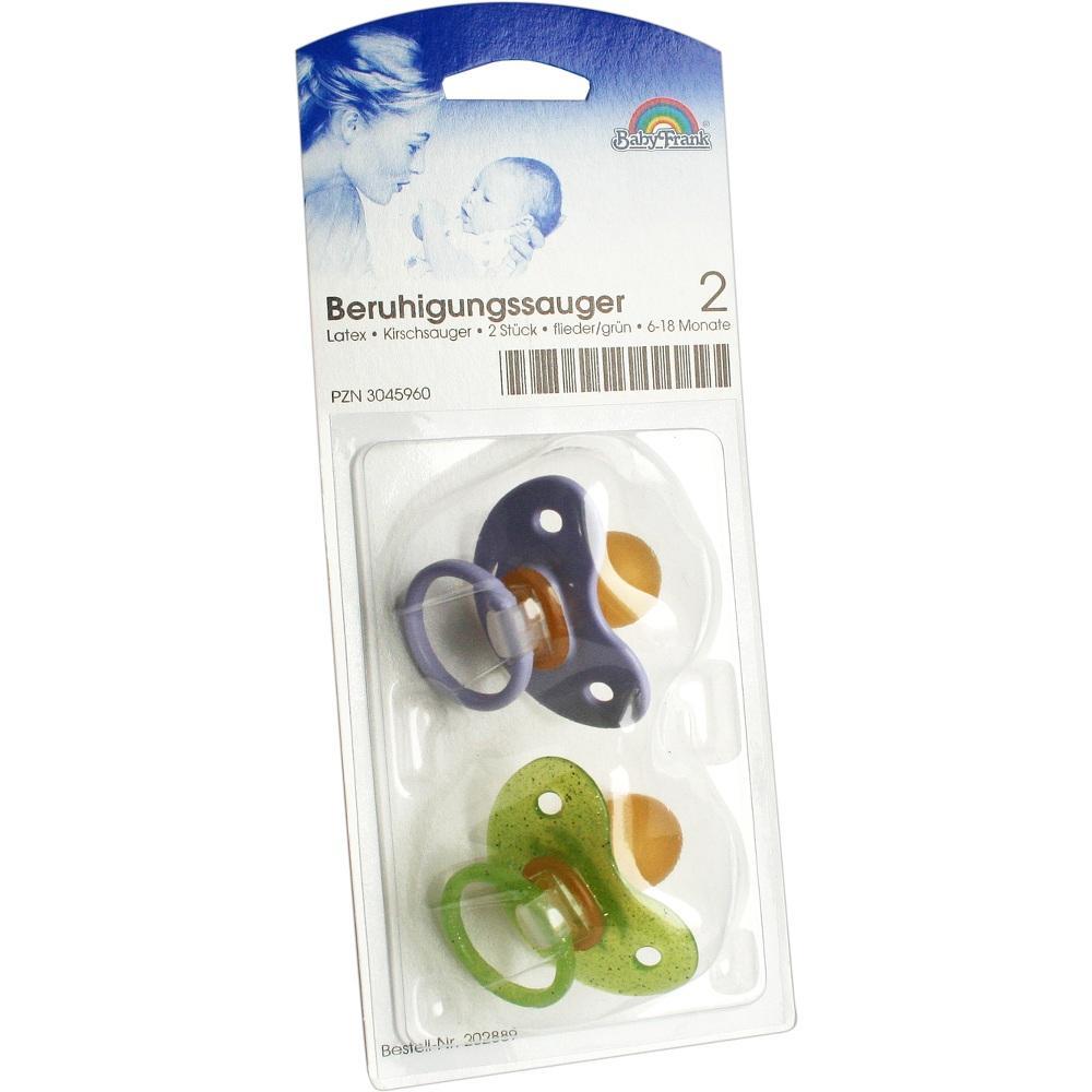 Verpackung mit zwei Baby-Schnullern, einem lila und einem gr&uuml;nen.