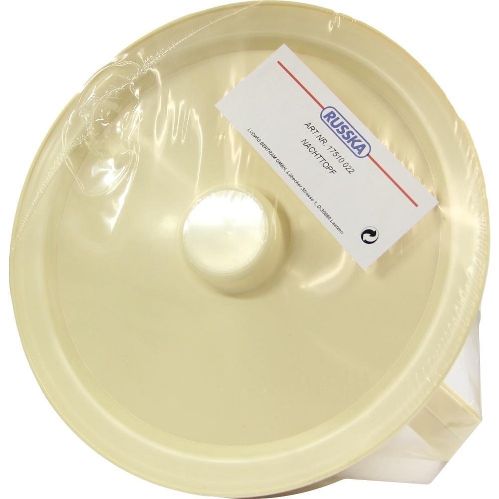 Beiger Nachttopf mit Deckel und Etikett in Plastikfolie verpackt.