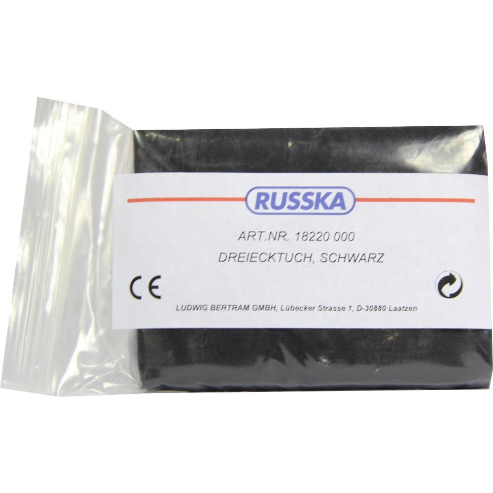 Schwarzes Dreiecktuch in Plastikverpackung mit weißem Etikett.