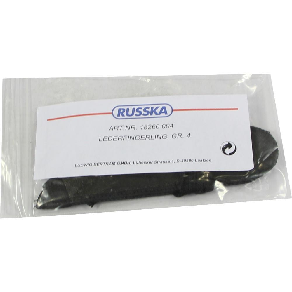 Eine Verpackung mit einem schwarzen Fingerling aus Leder von Russka.