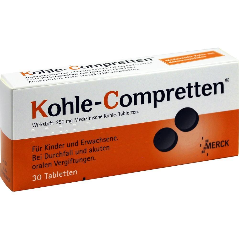 Weiße Medikamentenverpackung für Kohletabletten gegen Durchfall und Vergiftungen.