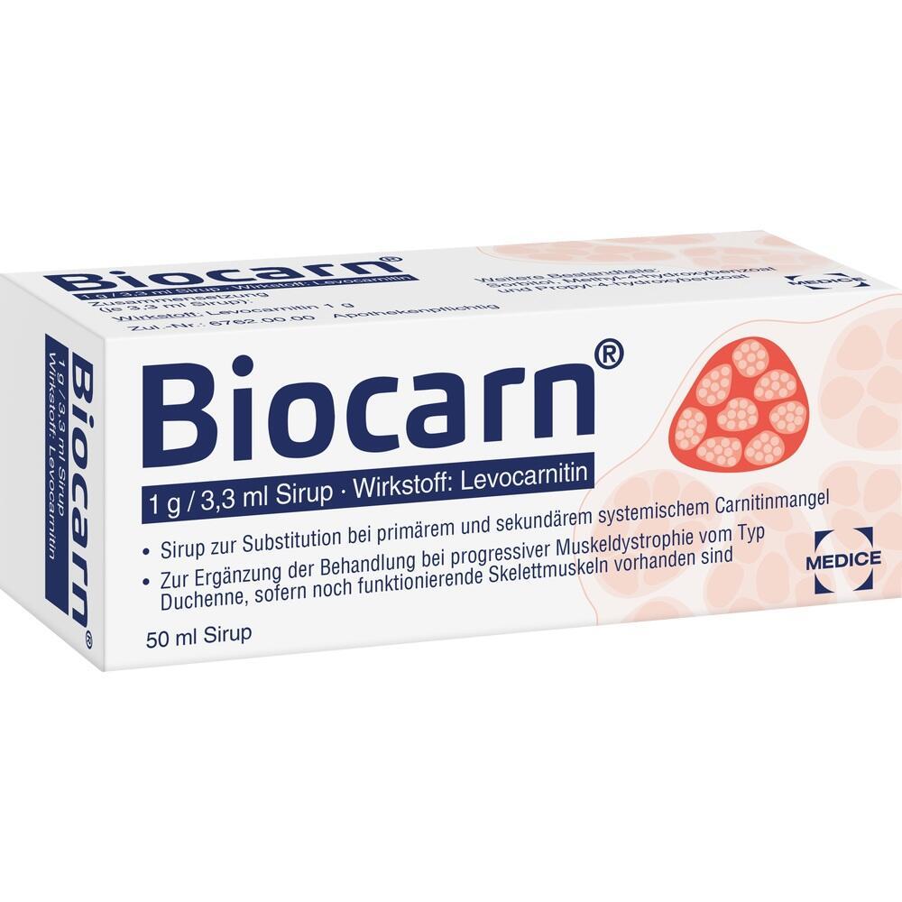 Eine Medikamentenverpackung von Biocarn Sirup mit dem Wirkstoff Levocarnitin.