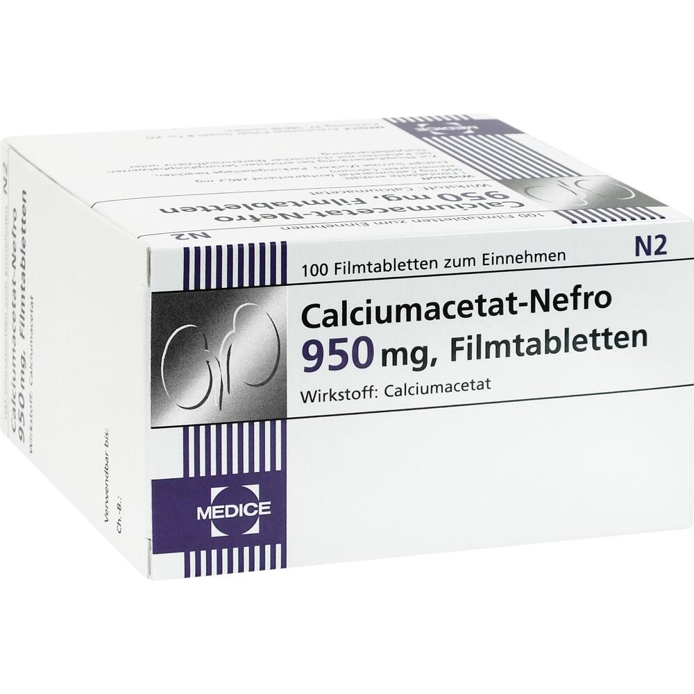Eine Medikamentenschachtel mit der Aufschrift "Calciumacetat-Nefro 950 mg".