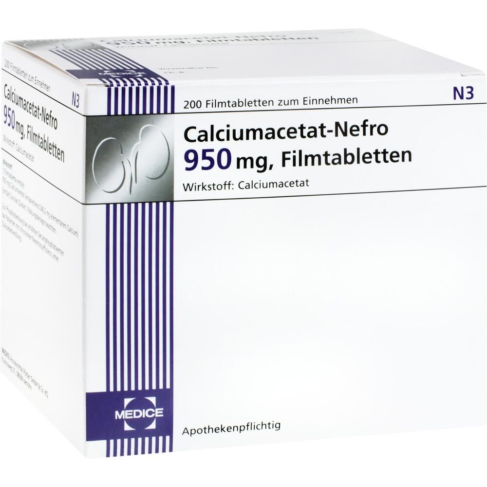 Eine Medikamentenverpackung mit der Aufschrift "Calciumacetat-Nefro 950 mg".