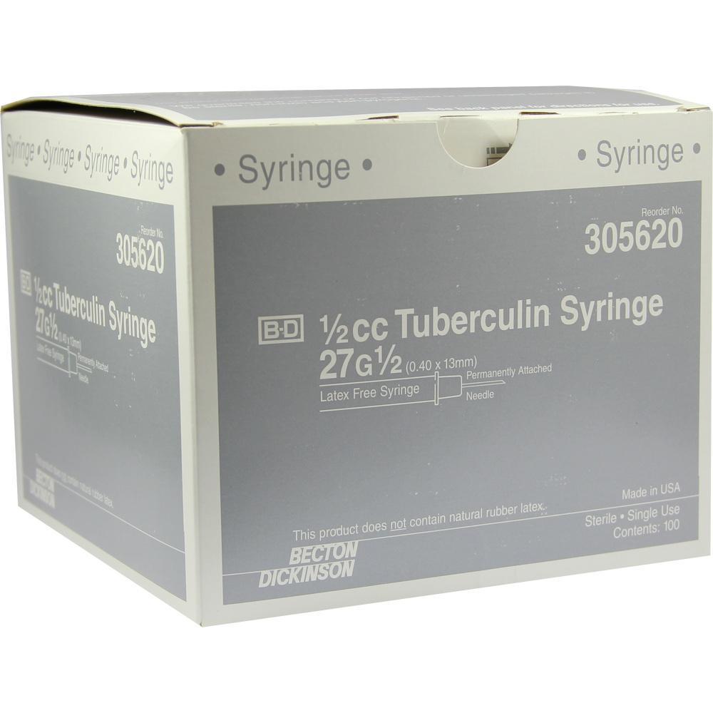 Eine graue Schachtel mit der Aufschrift "Tuberkulin-Spritzen" und technischen Details.