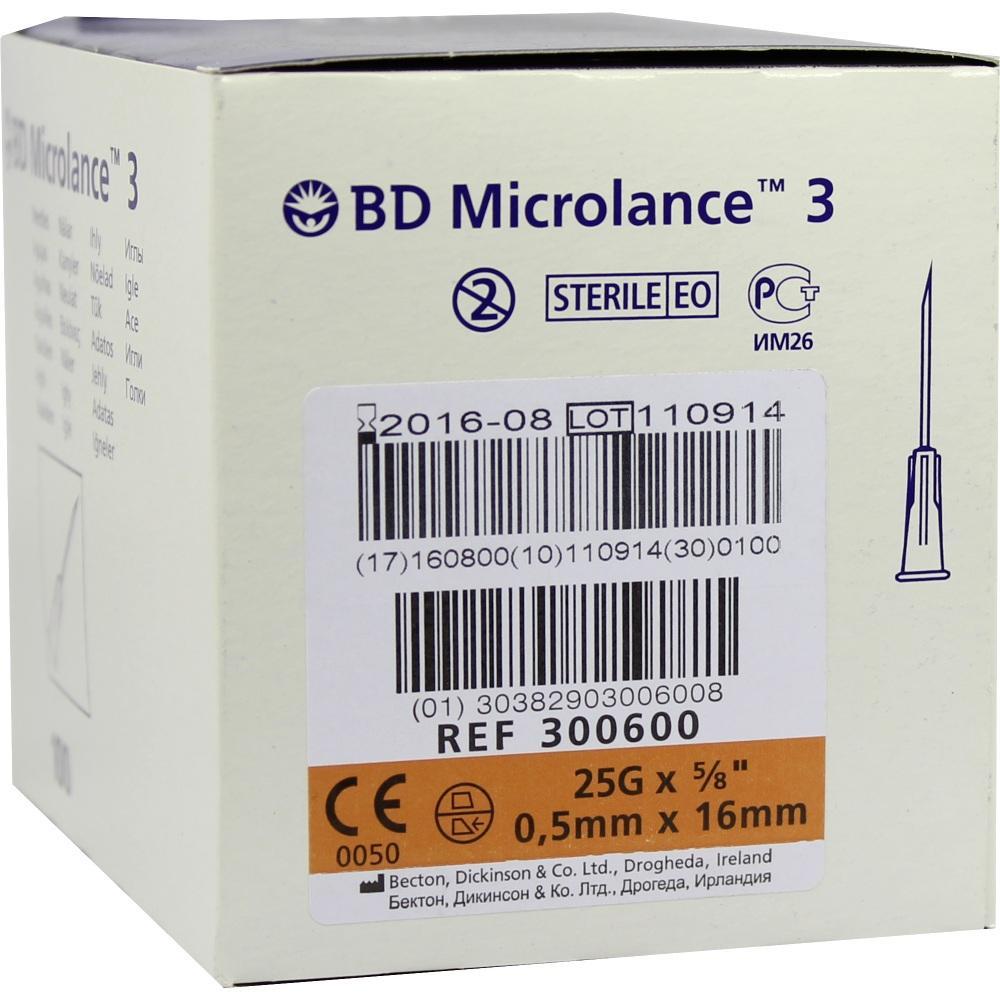 Eine weiße Schachtel mit der Aufschrift "BD Microlance 3", zeigt eine Nadel und einen Barcode.