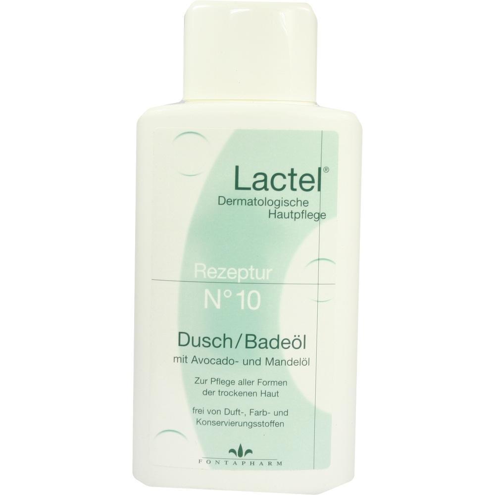 Weiße Flasche mit der Aufschrift "Lactel Dusch-/Badeöl mit Avocado- und Mandelöl".