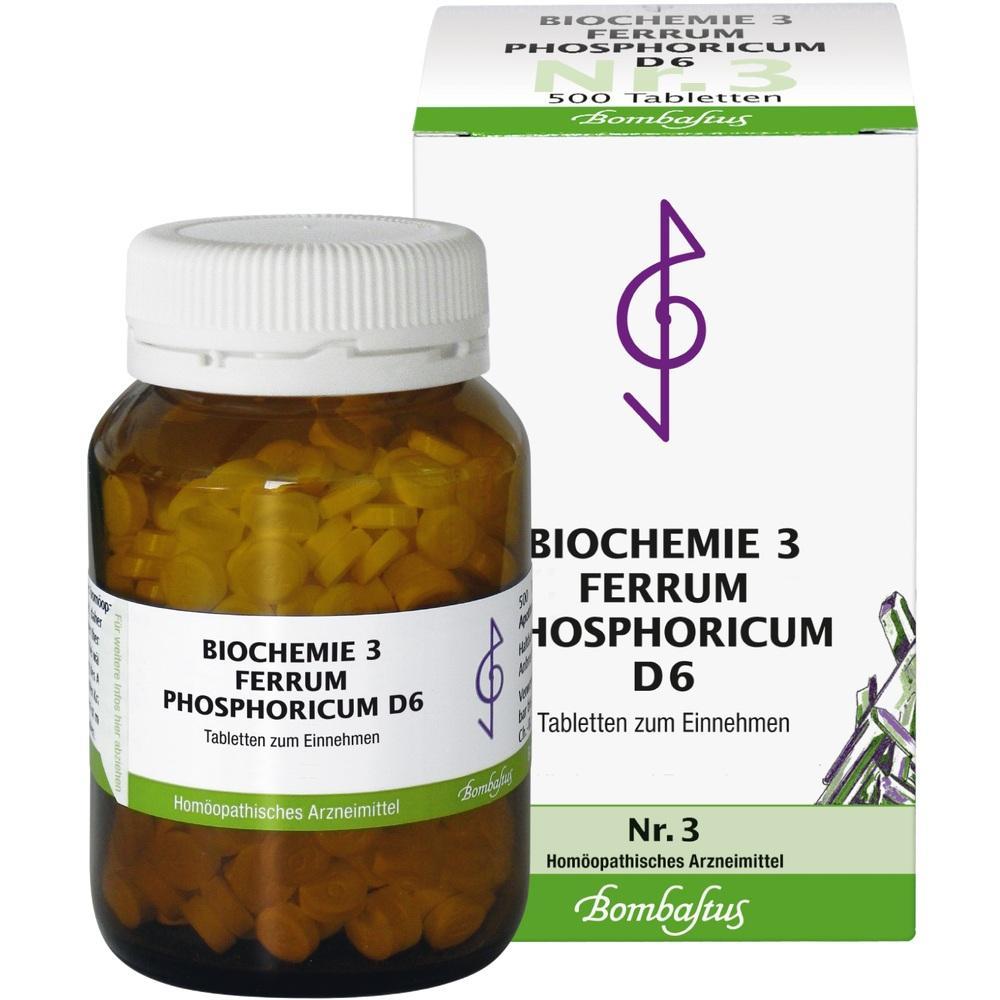 Braunes Glas mit Tabletten und weiße Verpackung mit Schriftzug "Biochemie 3 Ferrum Phosphoricum D6".