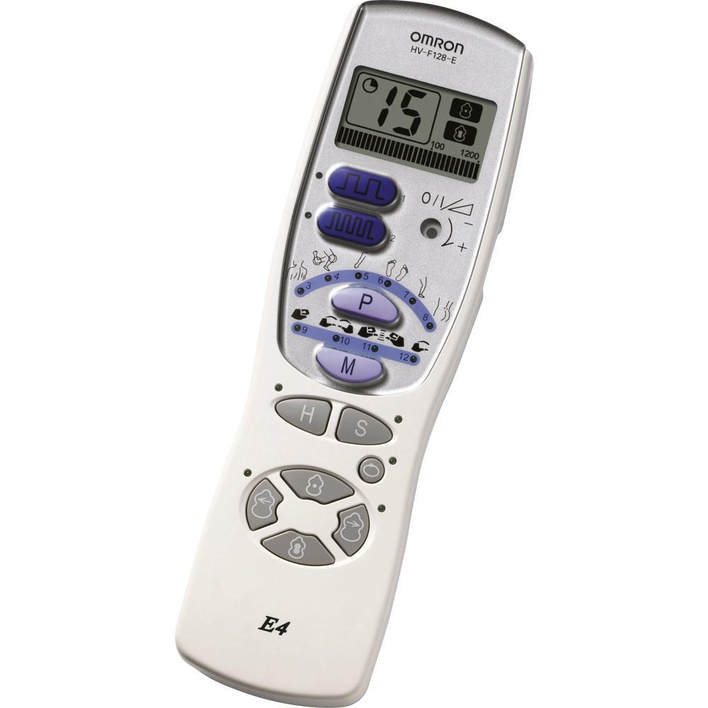 Eine weiße Fernbedienung mit Display und vielen Tasten.