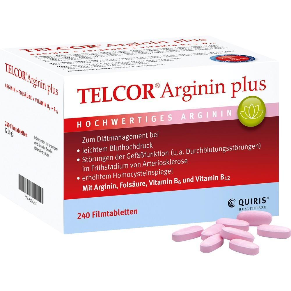 Weiße Verpackung von TELCOR Arginin plus mit rosa Tabletten davor.