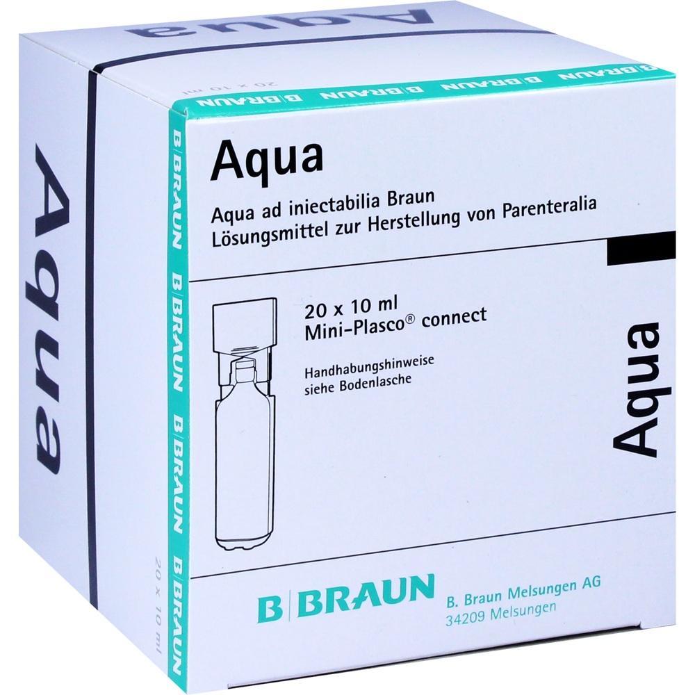 Ein weißer Karton mit der Aufschrift "Aqua" und medizinischer Produktbeschreibung.