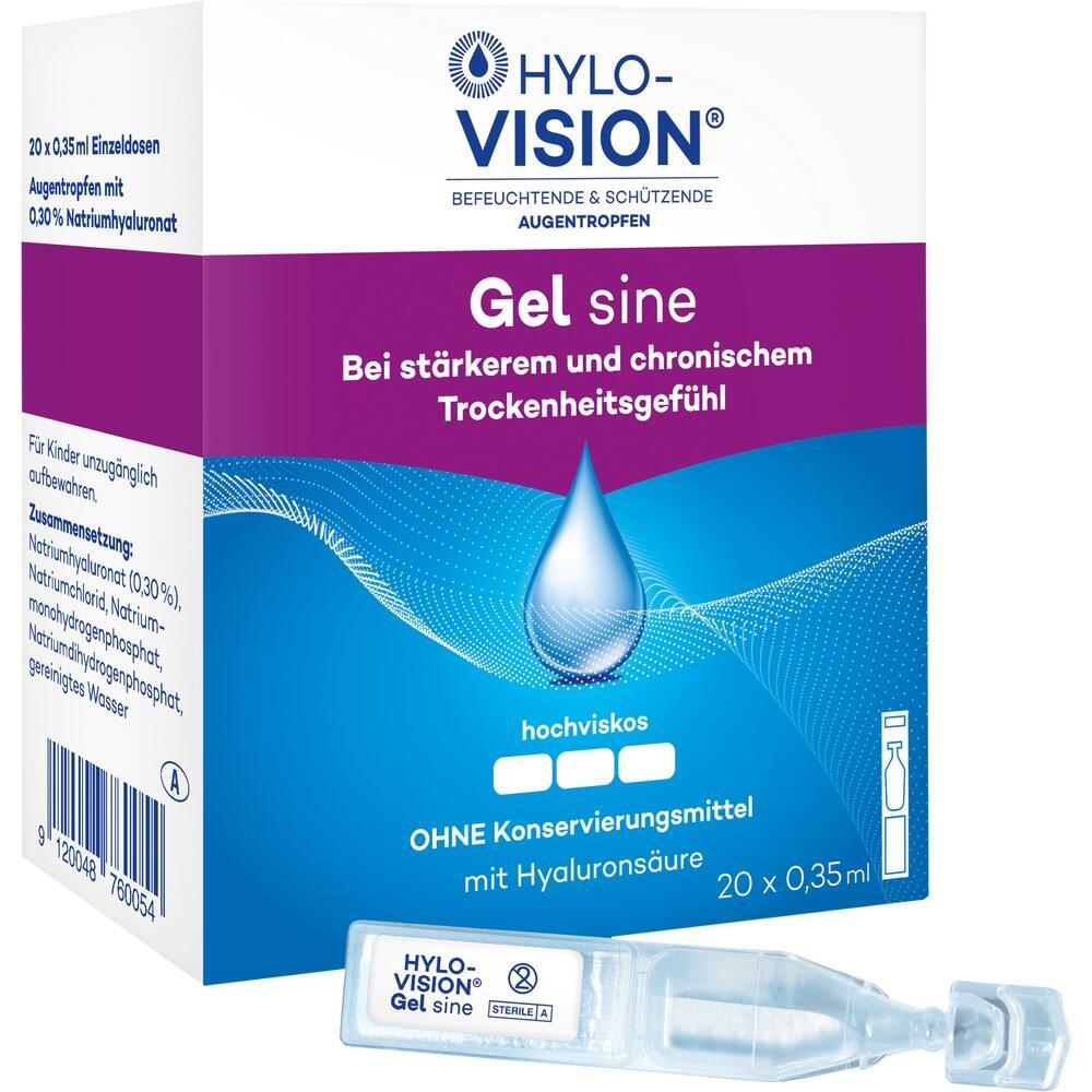 Verpackung von Hylovision Gel sine Augentropfen mit Hyaluronsäure gegen Trockenheitsgefühl.