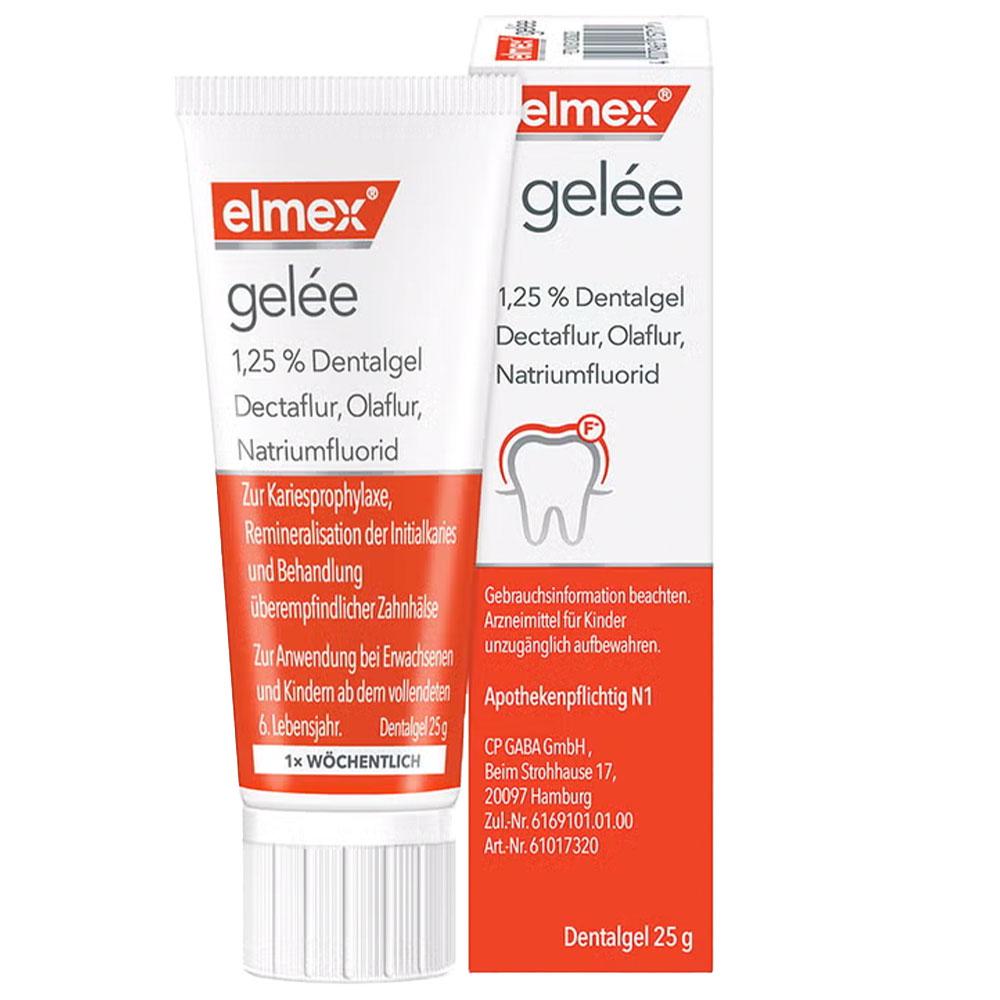 Eine Tube Zahnfleischgel von Elmex und dessen Verpackung.