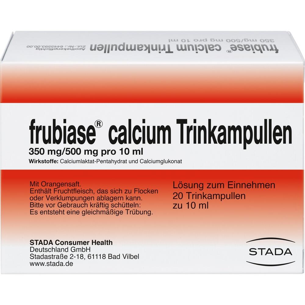 Verpackung für calciumhaltige Trinkampullen mit Orangensaft von der Marke Frubiase.