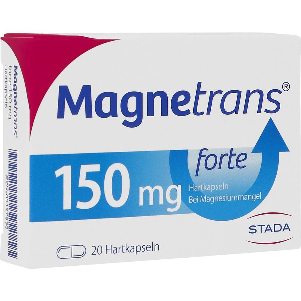 Weiße Medikamentenverpackung mit blauem Text "Magnetrans 150 mg".