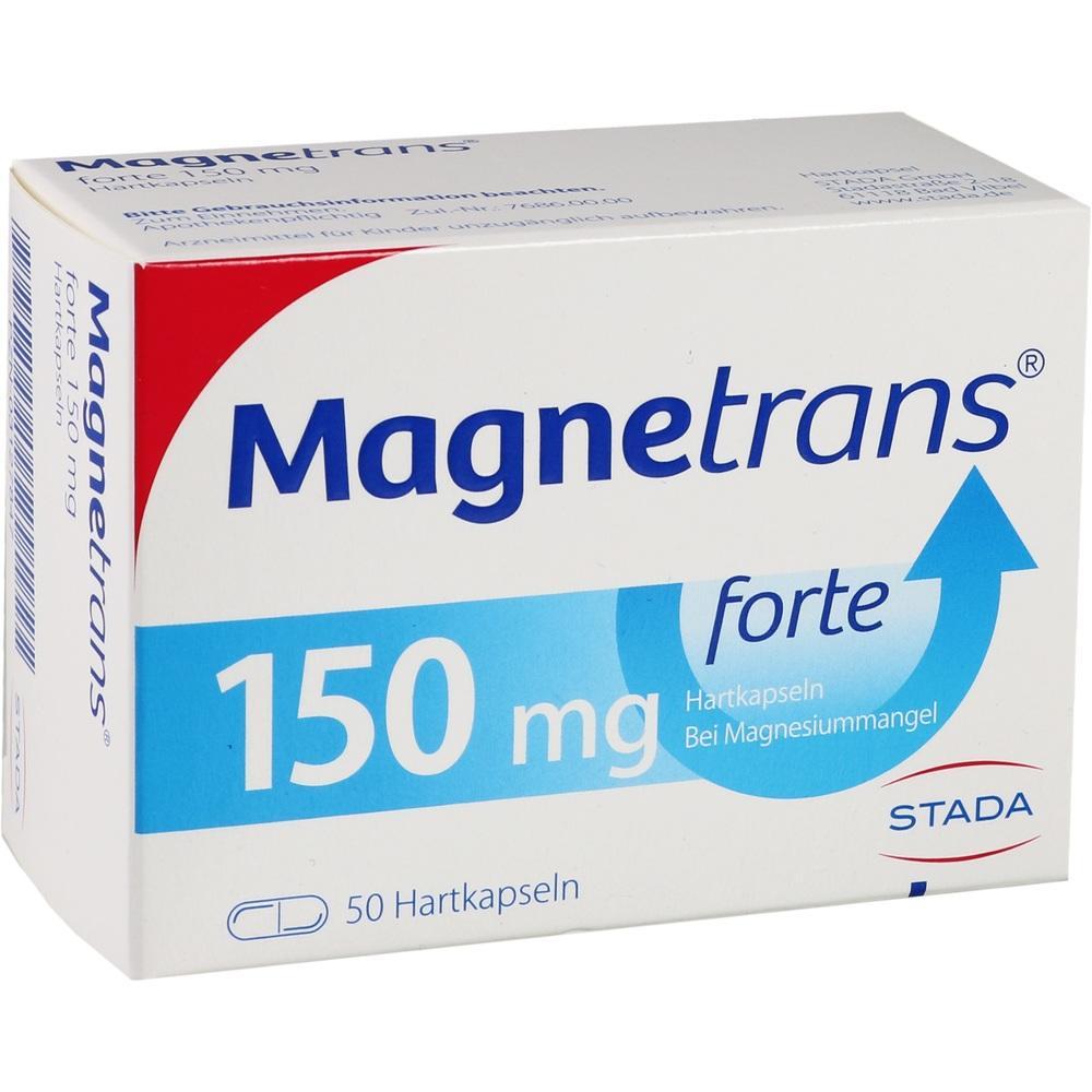 Eine Packung MagneTrans 150 mg Kapseln gegen Magnesiummangel.