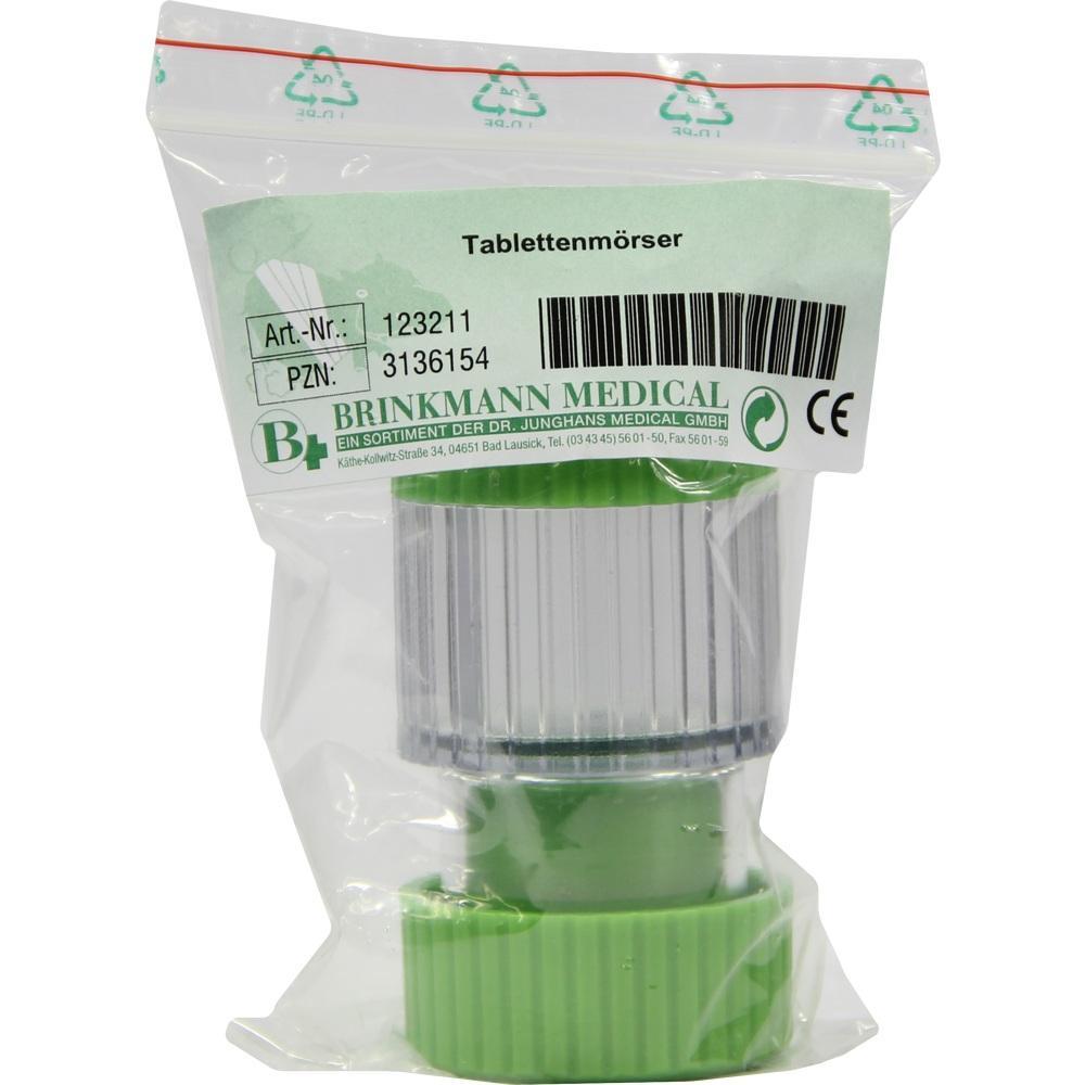 Ein gr&uuml;ner Tablettenm&ouml;rser ist in einer transparenten Verpackung zu sehen.