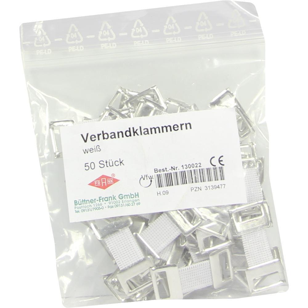 Eine T&uuml;te mit 50 wei&szlig;en Verbandklammern aus Metall.