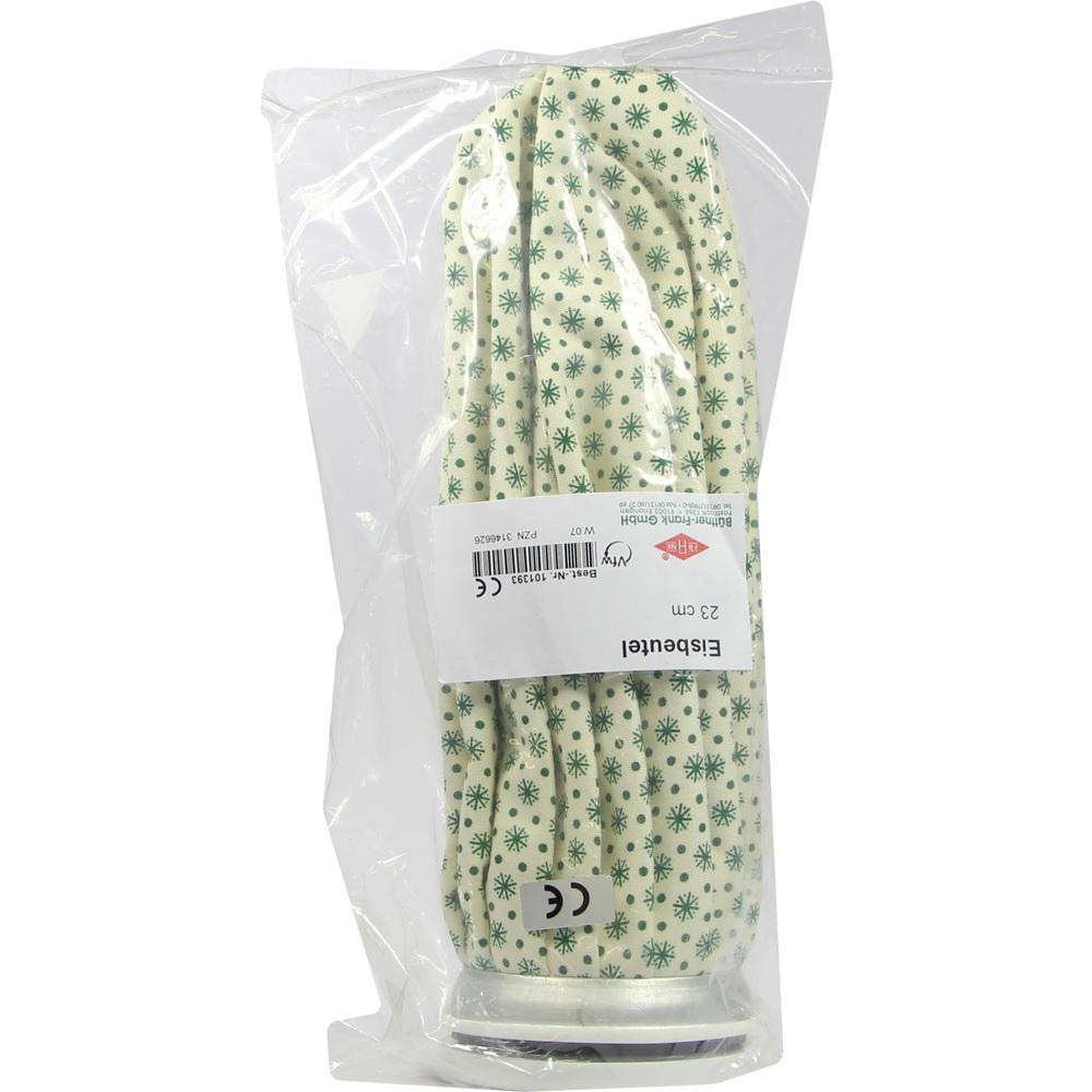 Verpackter Eisb&auml;utel mit gr&uuml;nem Muster im Plastikbeutel.