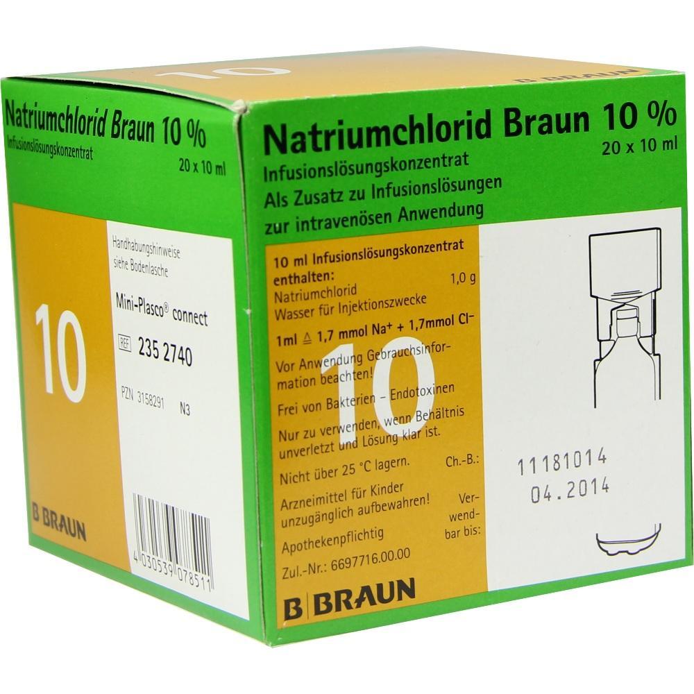 Gr&uuml;ne und gelbe Verpackung von Natriumchlorid-L&ouml;sung 10% zum medizinischen Gebrauch.