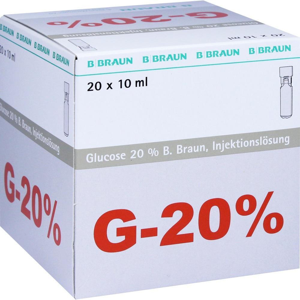 Eine wei&szlig;e Verpackung mit rotem Text "G-20%" f&uuml;r Glukose-Injektionsl&ouml;sung.