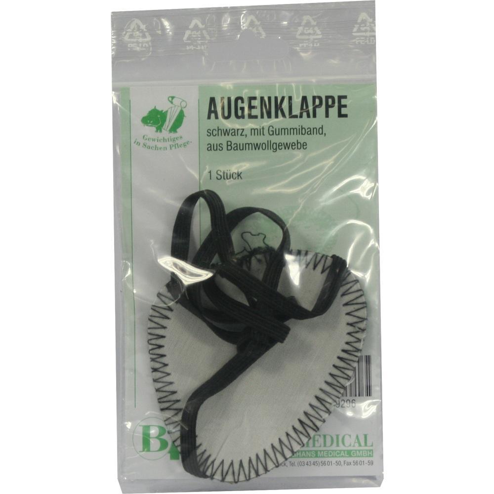 Eine schwarze Augenklappe mit Gummiband in einer Verpackung.