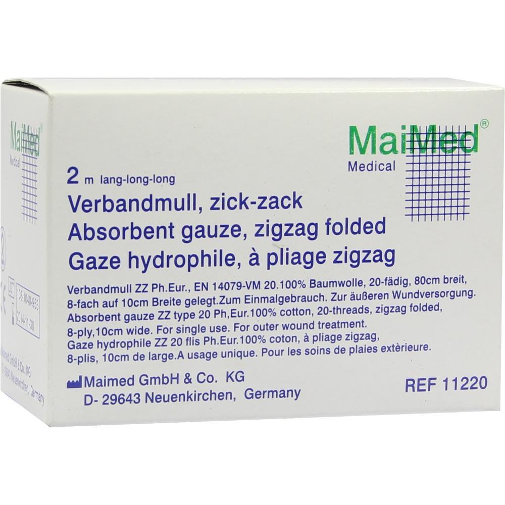 Weiße Verpackung mit Aufschrift für 2 Meter Zickzack-Verbandmull von MaiMed.