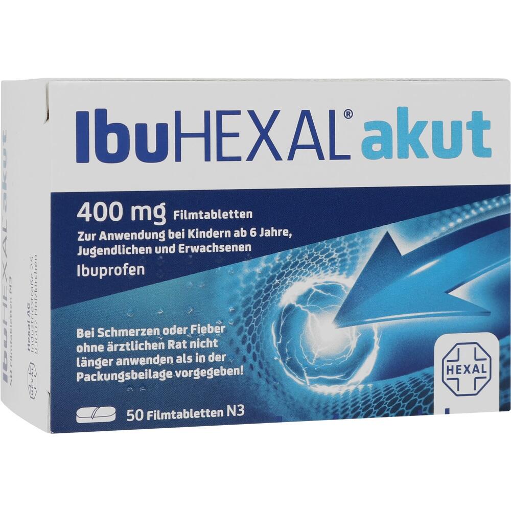 Verpackung von IbuHexal akut 400 mg mit 50 Filmtabletten gegen Schmerzen und Fieber.