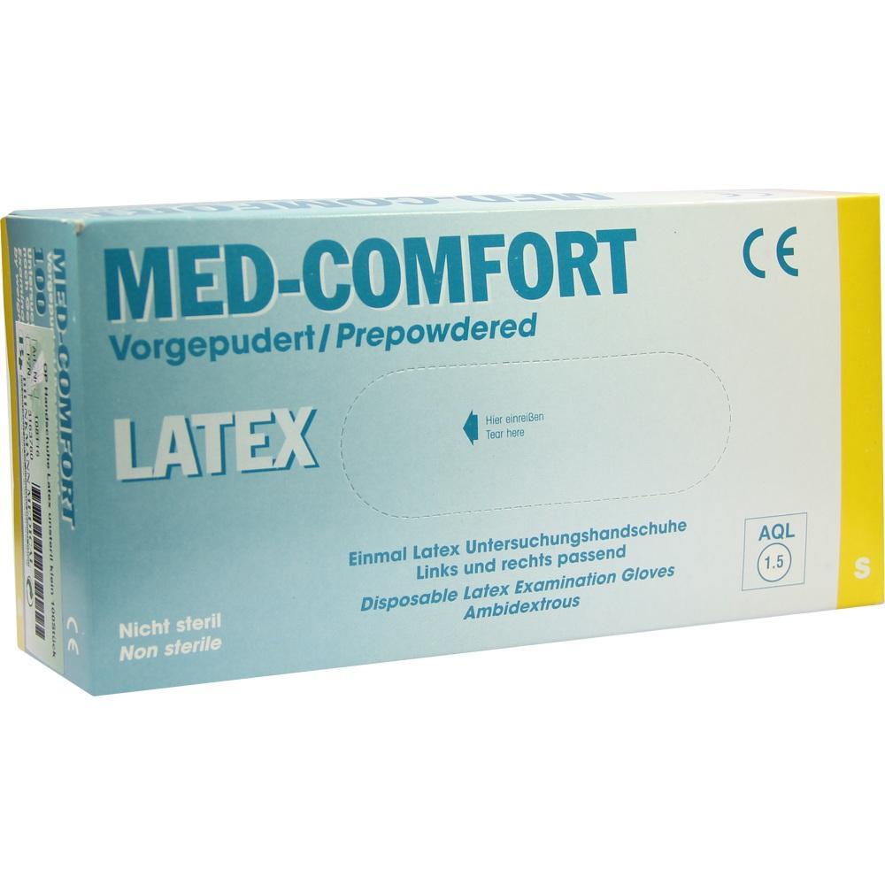 Eine Packung Latex-Untersuchungshandschuhe von MED-COMFORT.