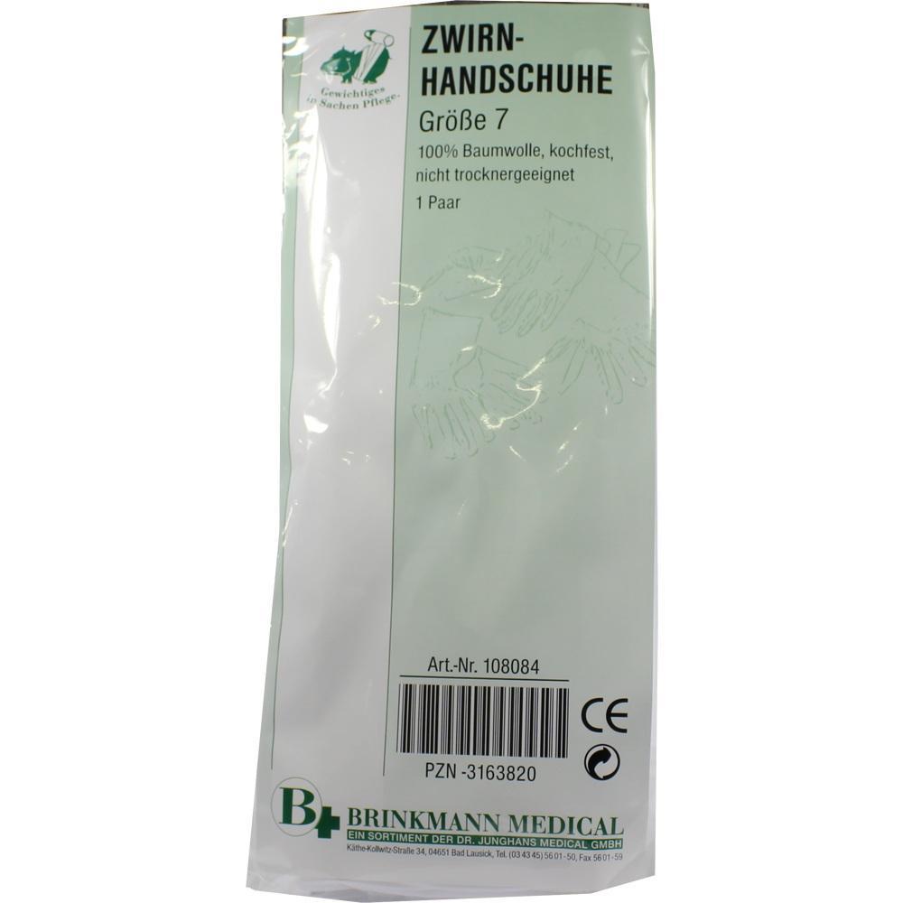 Verpackung mit Zwirnhandschuhen aus Baumwolle in Größe 7.