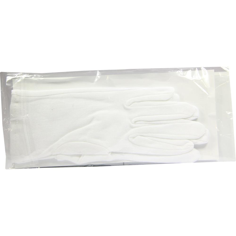 Ein weißer Handschuh in einer durchsichtigen Plastikverpackung.
