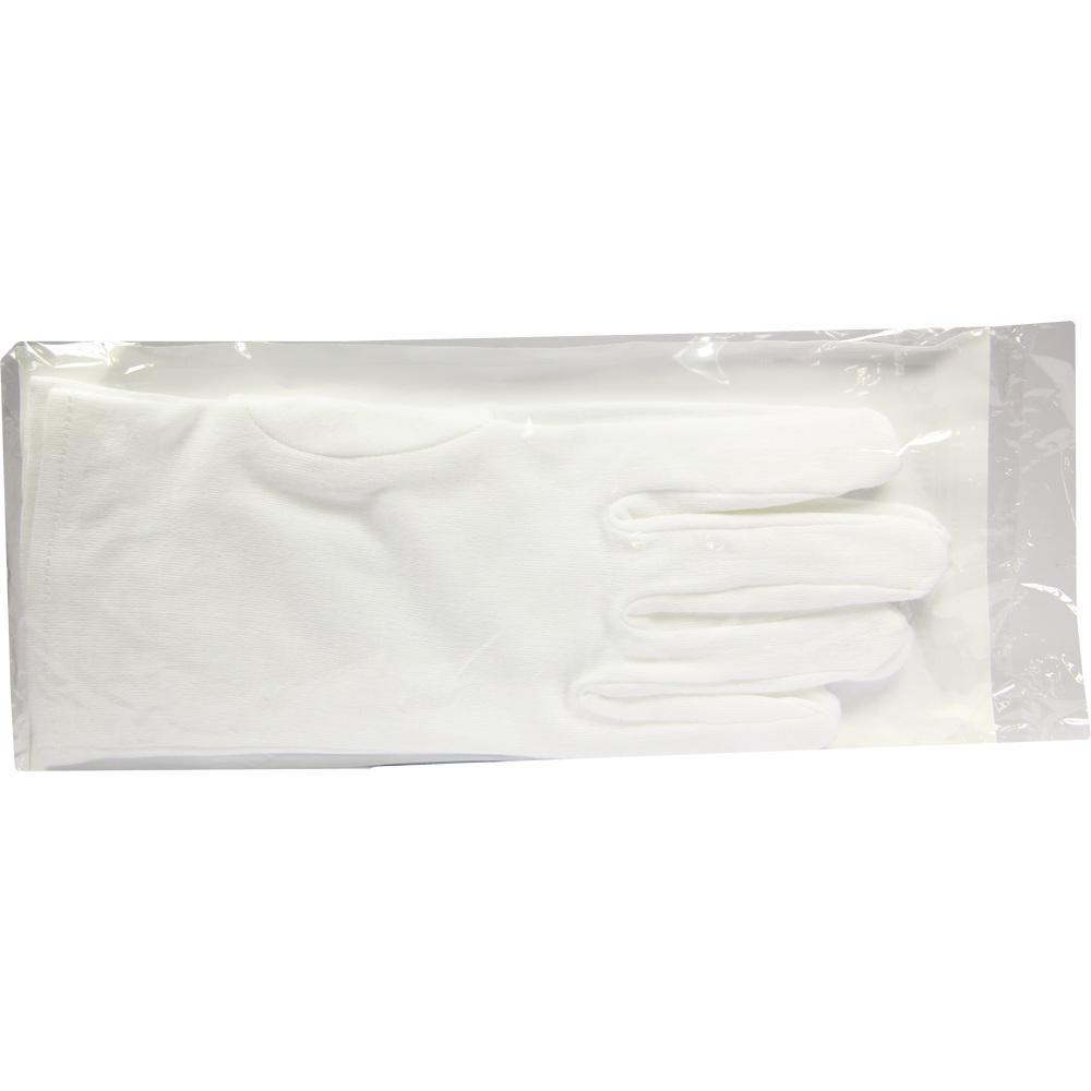 Ein weißer Handschuh liegt in einer durchsichtigen Plastiktüte.