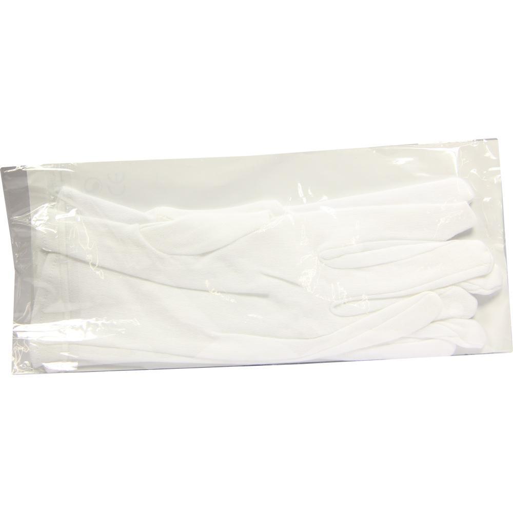 Ein Paar weiße Handschuhe liegt in einer durchsichtigen Plastiktüte.