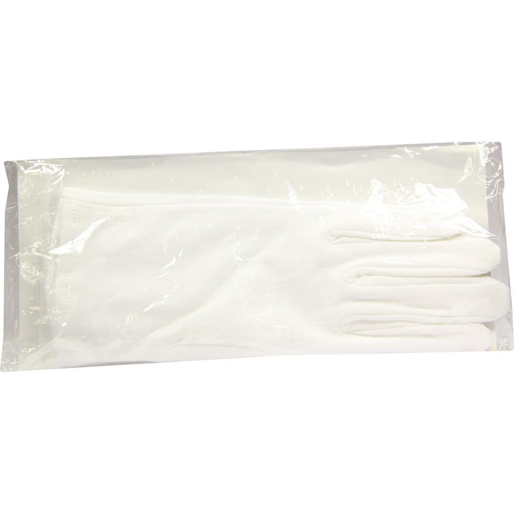 Ein weißer Handschuh in einer durchsichtigen Plastiktüte.