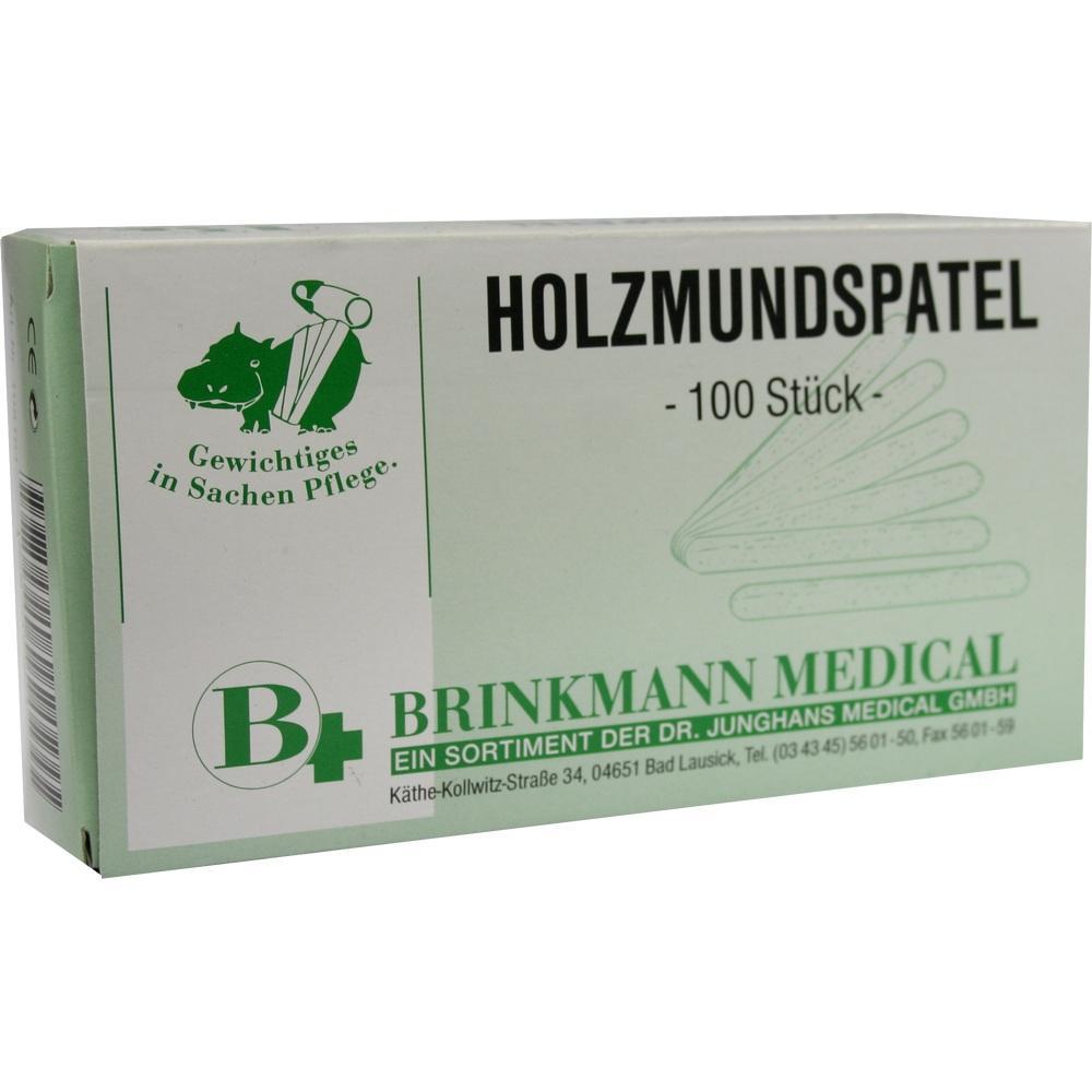 Eine Schachtel mit 100 Holzmundspateln von Brinkmann Medical.