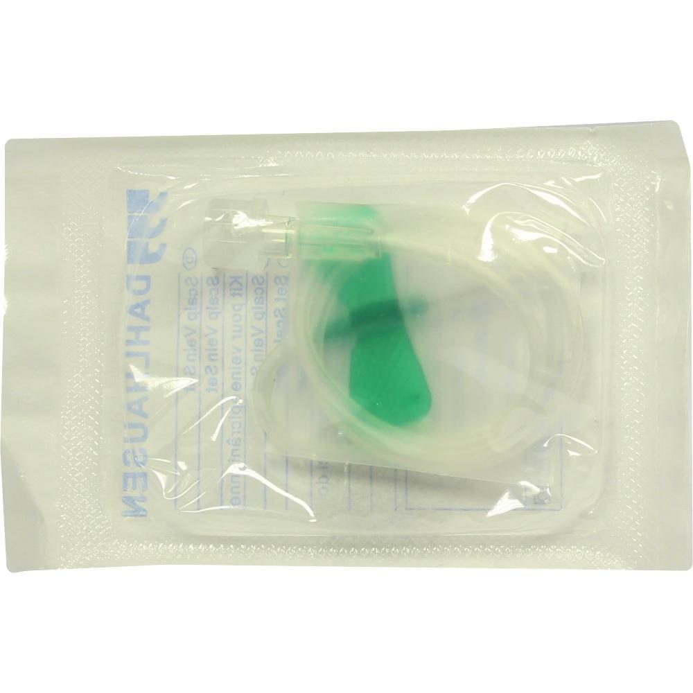 Ein medizinisches Set mit grünem Flügel ist steril verpackt.