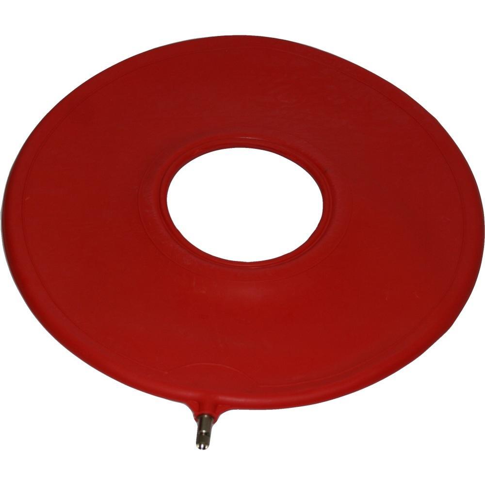 Runder roter Kunststoffdeckel mit Loch in der Mitte und einem kurzen Rohr.