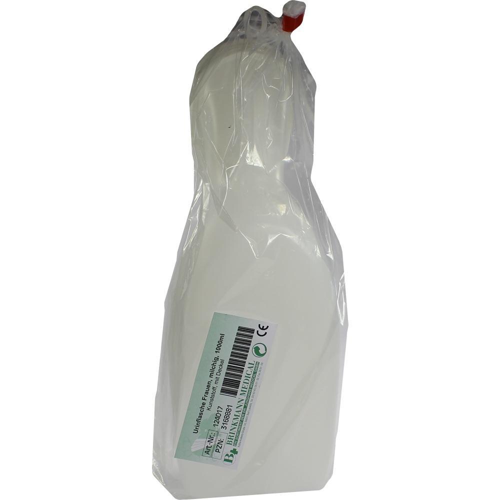 Eine weiße, verschlossene Plastikflasche in einer transparenten Verpackung.