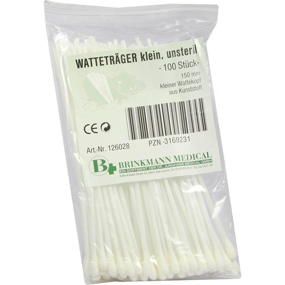 Packung mit kleinen, unsterilen Wattestäbchen aus Kunststoff.