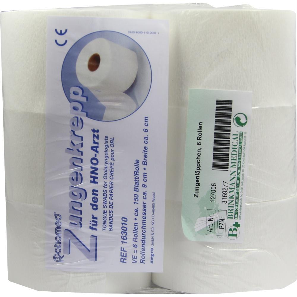 Sechs Rollen wei&szlig;es Papier f&uuml;r medizinische Zwecke sind in Plastik verpackt.