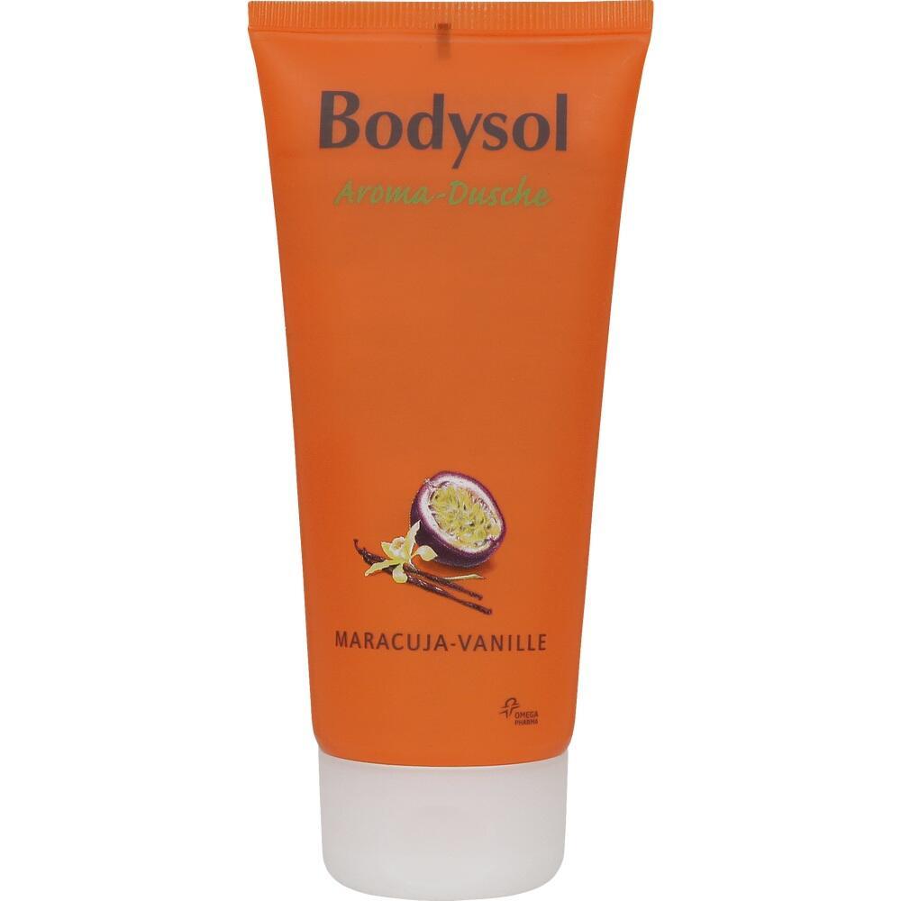 Orangefarbene Duschgelflasche mit Maracuja- und Vanillemotiv.