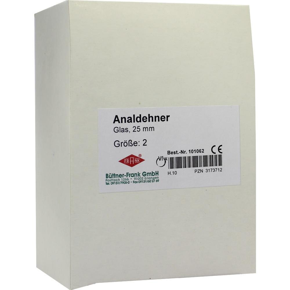 Wei&szlig;e Verpackung mit Aufschrift "Analdehner Glas, 25 mm, Gr&ouml;&szlig;e: 2" auf einem Etikett.