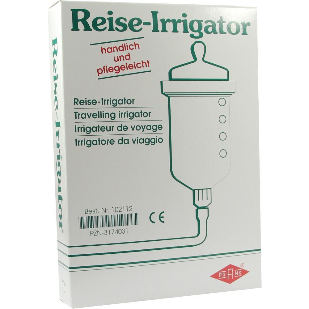 Verpackung eines Reise-Irrigators mit Abbildung und mehrsprachigem Text.